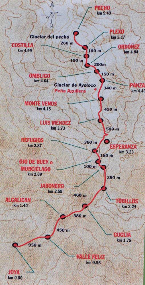 O mapa da trilha que sobe a mulher deitada, o vulcão Iztaccihuatl, perto de Amecameca, na região central do México